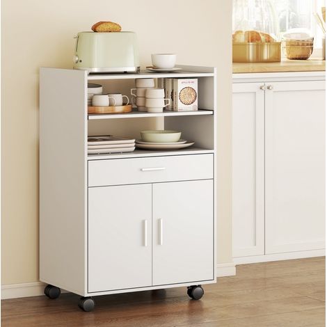 Mobile cucina per microonde con ruote, cassetto e armadietto a 2 ante, bianco HAVRYA (1/5)