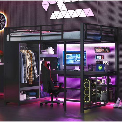 Lit mezzanine 140/200 cm noir en métal avec bureau LED et rangement (1/5)