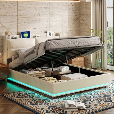 Lit Coffre avec Éclairage LED et Port USB,lit Double rembourré avec Rangement et Tete de lit,2 Personnes pour Adultes et Adolescents,Velours (Beige, sans Matelas)-140 x 200 cm (1/5)