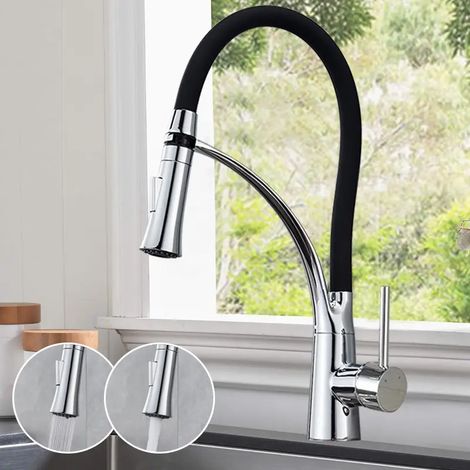 Kitchen Faucet, Kitchen Mixer with Flexible 360° Swivel Spout and Black Silicone Hose, with Extractable Spray and Dual Function Sprayer, Cold & Hot Available in Black Silver (with outlet hose) (1/5)