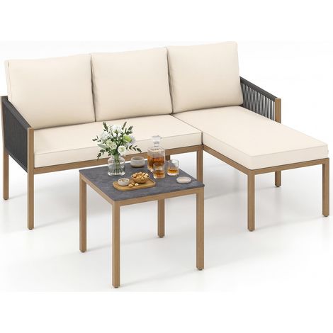 COSTWAY Set Di Mobili Da Giardino 3 Pezzi Salotto Da Esterno Set Da Conversazione Divano Componibile A Forma Di L Tavolino Da Caffè Chaise Longue Legno Cuscin (1/5)