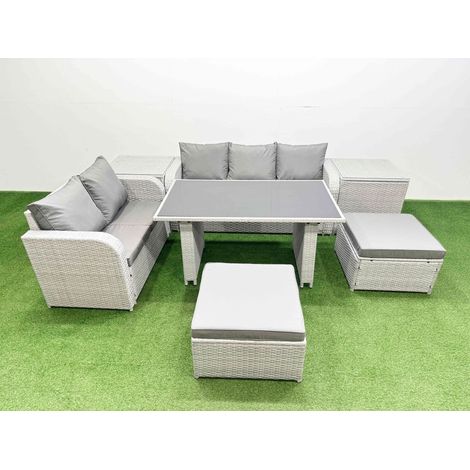 Fimous Garden Furniture Set PE Ratten Garden Sofa Set with Rectangular Dining Table 2 Big Stool 2 Side Tables Light Grey (1/4)