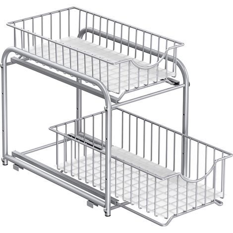 Songmics – Organiseur de cuisine empilable sous évier – 2 paniers coulissants réglables – Rangement sous lavabo – Acier argenté – Dimensions 21x36,5x27,2 cm