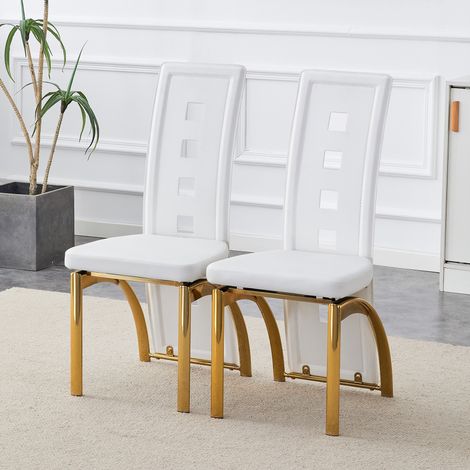 Lot de 2 chaises de salle à manger, chaise salon et cuisine, dossier perforé géométrique avec pieds en métal doré hauteur 102.5 cm, Blanc et Or (1/5)