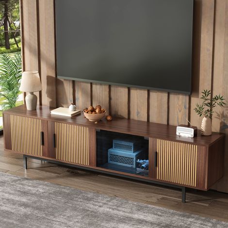 DESMIU Meuble TV 200 cm avec 2 portes et LED, pour salon, en MDF et panneau de particules, noir (1/5)
