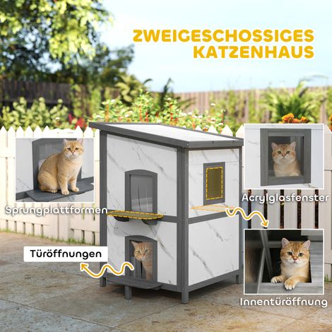 Niche extérieure pour chat en bois blanc, avec multiples entrées et fenêtres, imperméable, 60 x 60 x 88 cm (1/4)
