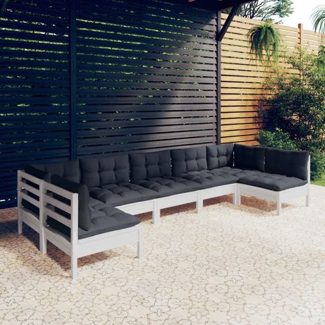 FIMEI Salon de jardin 7 pcs avec coussins Blanc Bois de pin massif (1/5)