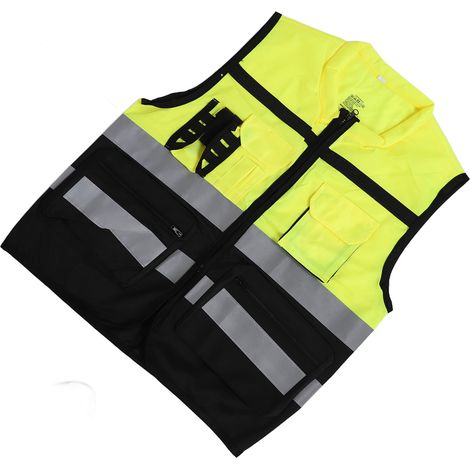 Gilet de sécurité réfléchissant multifonctionnel et ajustable en tissu tricoté chaîne haute visibilité, jaune et noir, taille XL (1/5)