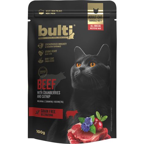 BULTI Superfood, pâtée pour chat au bœuf, canneberges et herbe à chat, 100 g (1/2)