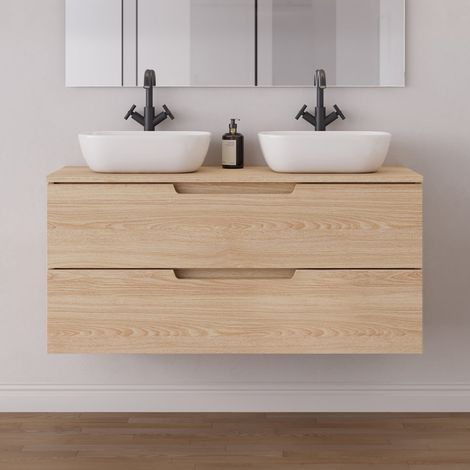 Meuble de salle de bain 120cm avec plateau et 2 vasques à poser arrondies - 2 tiroirs - sans miroir - roble era (chêne clair) - SONRIZA (1/5)