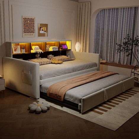 Polsterbett Schlafsofa 90x190 cm Beige - Ausziehbar auf 180x190 cm, mit integriertem Stauraum, LED-Beleuchtung & USB-Steckdosen aus Samt (1/5)