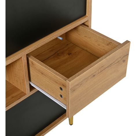 Buffet noir et bois avec 2 tiroirs, niche ouverte, portes rabattables et pieds métal pour salon, salle à manger et entrée (1/5)