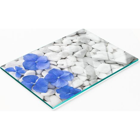 Tabla de cocina de vidrio templado con dise帽o decorativo de hortensias, 80x52 cm.