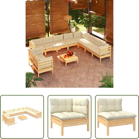 Terrassensofa - 11-tlg. Garten-Lounge-Set mit Creme Kissen Massivholz Kiefer (1/5)