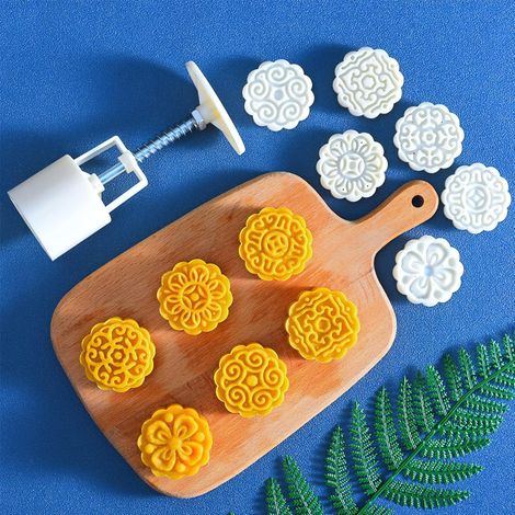 Moule à Lune Gâteau Mooncake avec 6 tampons à biscuits, Emporte Piece Gateau Oriental, 50g Presse à Biscuit en Motif fleurs Outils de bricolage pour pâtisserie, biscuits, desserts, cuisson, Blanc (1/5)