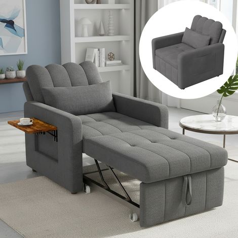 Chenille-Schlafsofa 70x190 cm – Umwandelbares Sofa, Einzelsessel mit Armlehnen, verstellbare Rückenlehne, Kissen, Kleiner Tisch und Aufbewahrungstasche – Grau