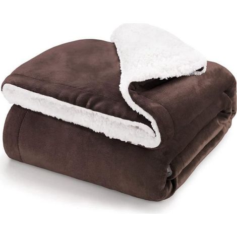 Plaid Polaire - 130 x 150 cm - Réversible Flanelle Sherpa - Lavable En Machine - Brun (1/4)