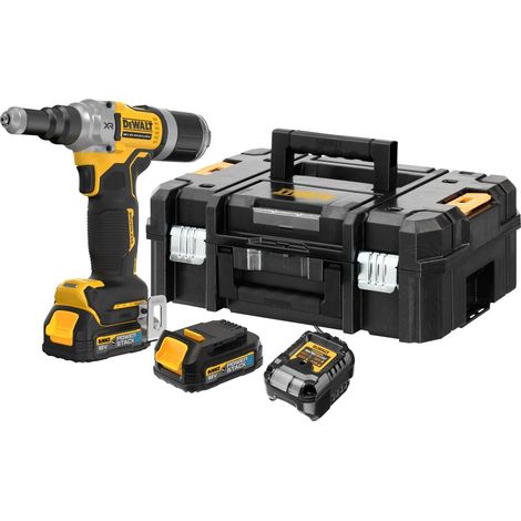 Dewalt DCF414E2GT 18V XR Brushless 6.3mm Rivet Tool - 2x 1.7Ah PowerStack Oil-Resistant Batteries, Charger & Tstak II Case