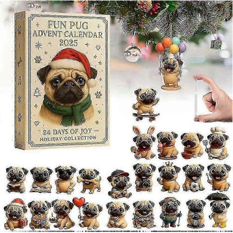 Calendrier de l'Avent Carlin, compte à rebours de Noël de 24 jours avec décorations suspendues en acrylique 2D représentant des carlins, décorations de sapin de Noël pour les amoureux des chiens - 24 (1/4)