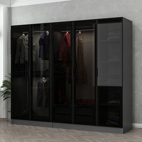 Guardaroba Grande Sinibalda, Armadio Camera da Letto Appendiabiti, 6 Ripiani, 5 Ante, 225x210h cm Nero Antracite (1/5)