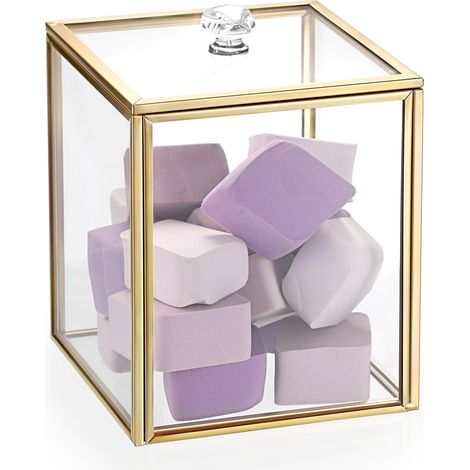 Distributeur de cotons-tiges en verre doré avec couvercle en verre - Organisateur pour éponge de maquillage, tampon, bijoux, bandeaux (10,1 x 10,1 x 12 cm) (1/5)