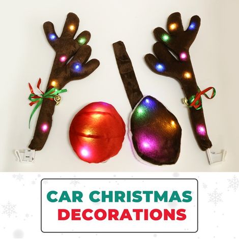 1 set of brown plush LED illuminated reindeer antler car antler nose tail decorative light kit (1/4)