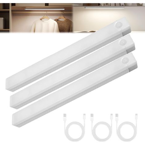 LED Lampe de Placard avec Détecteur de Mouvement 2000mAh Rechargeable USB-C, Éclairage étude de Cuisine Veilleuse Escalier Montage Magnétique (3PCS 6000K 10CM) (1/4)