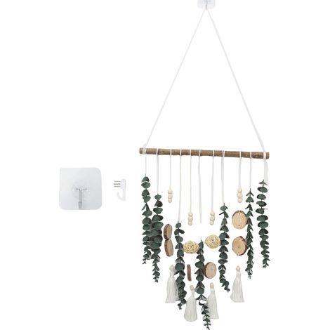 Suspension murale eucalyptus plante artificielle feuillage faux – Bohème avec bâton bois chambre salon déco style B, décoration (1/2)