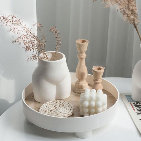 Plateau Organisateur de Table: Plateau de Service Plastique Circulaire pour Cosmétiques, Snacks et Bijoux, Moderne, Imperméable avec Base Bois (1/5)