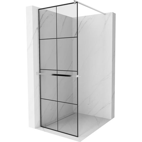 Mexen Kioto+ Duschwand mit Ablage und Reling 90 x 200 cm, Transparent/Schwarzes Design 8 mm, Chrom -