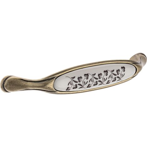 Poignée de meuble vintage en zamak finition laiton porcelaine céramique motif fleur entraxe 128 mm avec vis Tiroir Armoire Réparation (1/3)