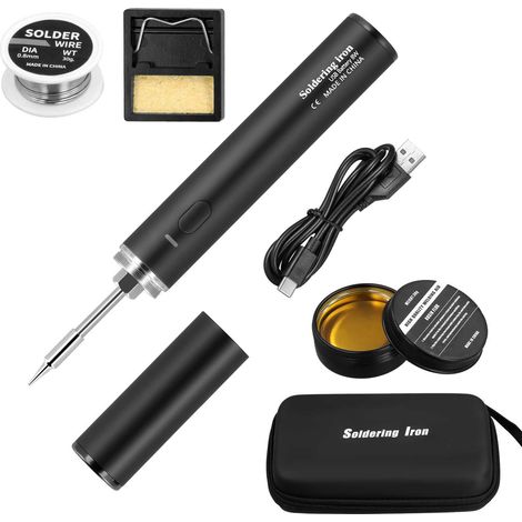 Kit de fer à souder sans fil USB, comprenant une panne, du fil à souder, de la flux et un support pour fer à souder, température réglable de 330 à 450 °C, kit de fer à souder sans fil portable de 8 W (1/5)