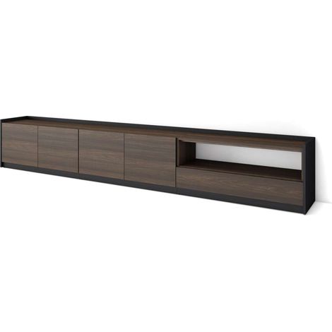 Mueble TV Campanillas-02 de 310x50x37 cm con almacenamiento, para TV hasta 80", color roble oscuro y negro (1/4)