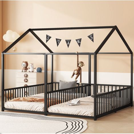 Bett aus Metall 90x200 cm Schwarz, Hausform, mit Sicherheitsgeländer und Leiter (1/5)