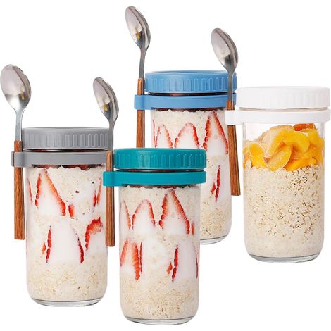 Contenitori per Overnight Oat, 4 pezzi, contenitori per Overnight Oat con coperchio e cucchiaio, tazze grandi per la colazione, compatte e portatili (600 ml) per insalate, yogurt e fiocchi (1/5)