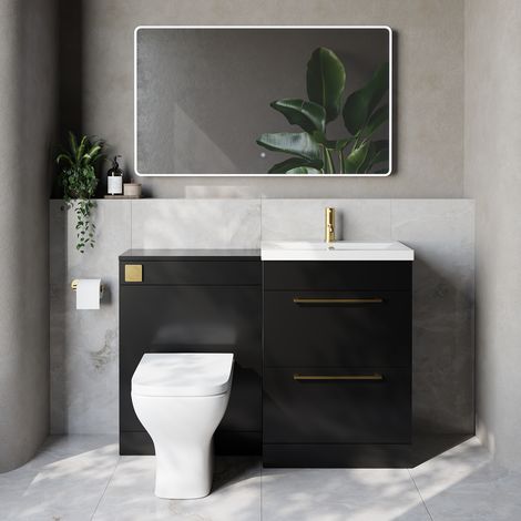 Napoli 390 Cento Matt Black 1200mm 2 Drawer Vanity Unit Toilet Suite with Glide Basin - 1200mm - Brushed Brass 320mm HandleWith Kingston Toilet Pan and Seat