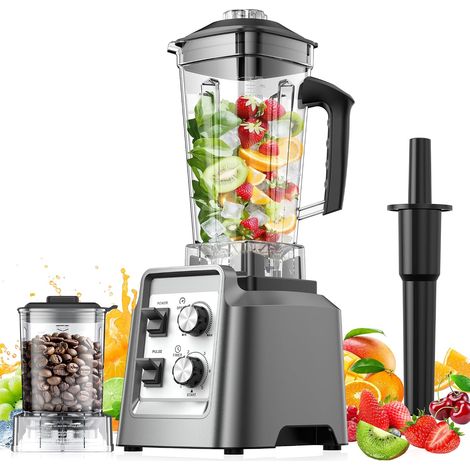 Mélangeur à smoothie haute performance 1800 W et moulin à café 2 en 1, mélangeur de cuisine de 2 L avec 6 lames en acier inoxydable, tasse de broyage de 600 ml pour grains de café, glace, noix