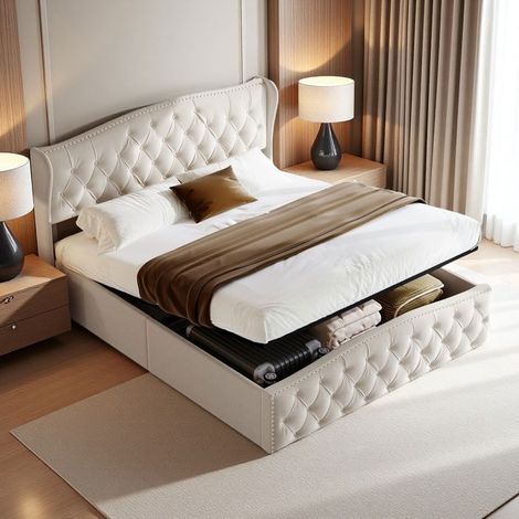 Letto matrimoniale 140x200 - Coffre idraulico silenzioso - Velluto bianco - Design moderno - 250kg supportato