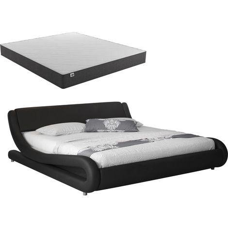 Cama de matrimonio con colchón  Cama doble con Cabecero  Con somier de lamas  Negro mate  Materiales madera y polipiel  Modelo Alessia  135x190