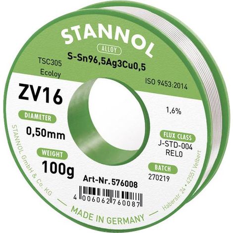 Stannol ZV16 Stagno senza piombo senza piombo Sn96,5Ag3Cu0,5 REL0 100 g 0.5 mm