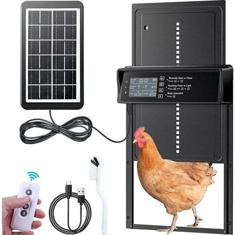 Trappe Solaire pour Poulailler,Porte Automatique Poulailler Solaire,Porte Poulailler avec Affichage LED, Capteur de Lumière, Telecommande, Commande de Minuterie (1/4)