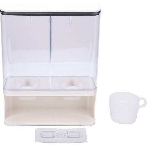 Conteneur mural de stockage de céréales, distributeur de riz grande capacité 3000 ml, double compartiment avec séparateur amovible, boîte en plastique de qualité alimentaire avec grille pour tasse à m (1/5)