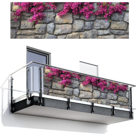 BRISE-VUE POUR BALCON Bougainvilliers - Mur en pierre - Rose 300x90 cm