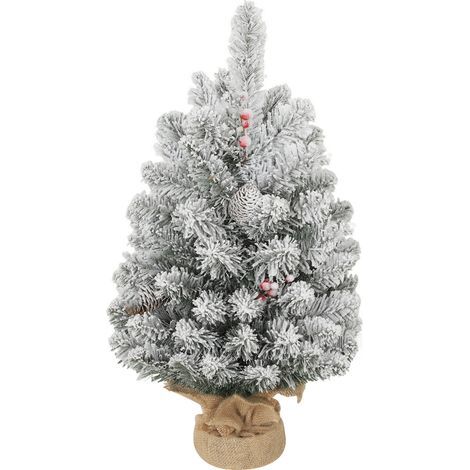 Petit sapin de Noël de 60 cm de haut avec 72 branches enneigées, pommes de pin et baies rouges, vert (1/5)