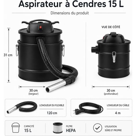 Aspirateur à Cendres 15 L HEPA pour Cheminée et Barbecue (1/4)