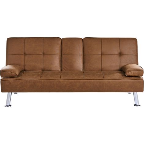 Sofá cama moderno de piel sintética mecanismo clic clac con mesa abatible marrón dorado Roxen (1/5)