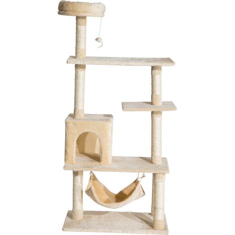 Arbre à chat à griffer avec multiples plateformes, jouet suspendu, grande cabane, hamac doux et poteaux à griffer, 70x40x152 cm, beige (1/5)
