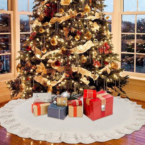 Couverture de sapin de Noël, grande jupe de sapin de Noël 122 cm (peluche blanche), couverture de sapin de Noël ronde, décoration de sapin de Noël
