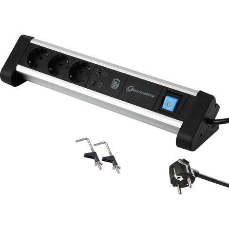 Multiprise 3 prises en aluminium pour le bureau avec 2 ports USB 65 W (1 type C PD pour charger des ordinateurs + 1 câble USB 3 A) de 2 m/prise de table/bureau multifonction (1/4)