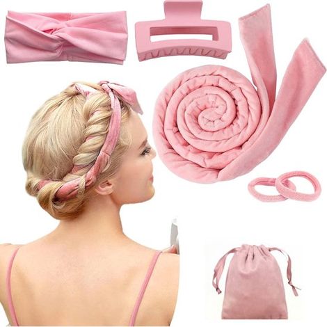 Lot de bigoudis sans chaleur – Élastiques et pinces inclus – Pour cheveux fins, mi-longs et longs – Boucles volumineuses – Rose (1/5)